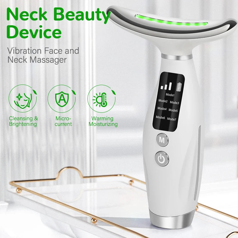 Appareil de Massage LED Visage & Cou – 7 Couleurs, Chauffant, Rechargeable USB | Anti-Âge & Raffermissant