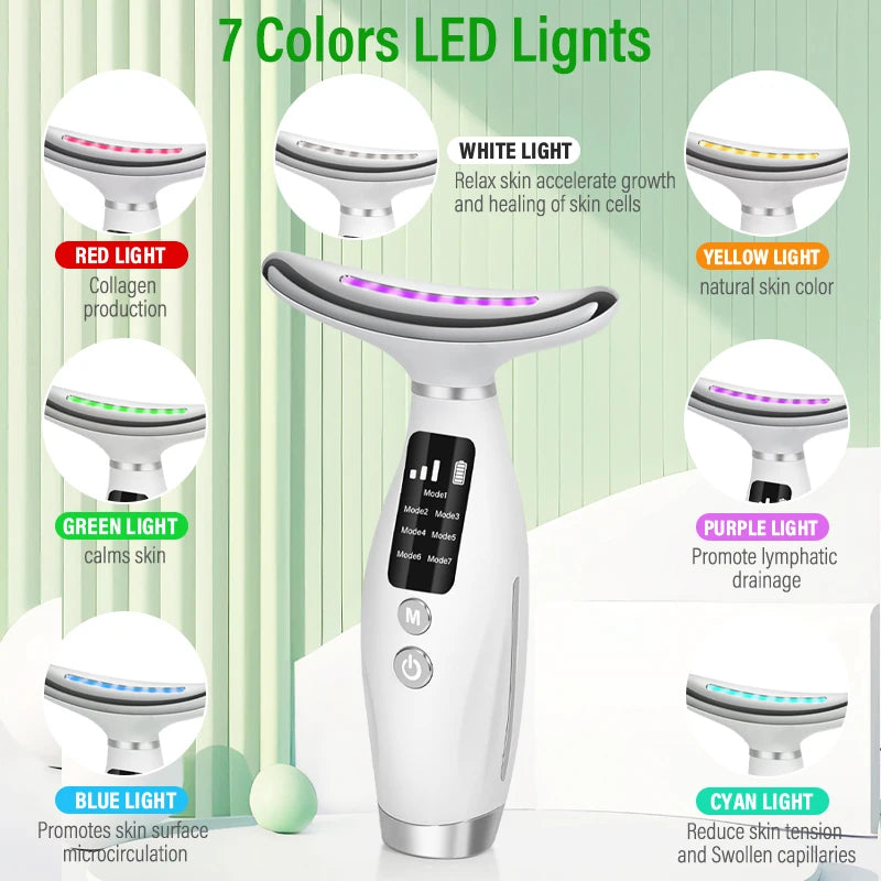 Appareil de Massage LED Visage & Cou – 7 Couleurs, Chauffant, Rechargeable USB | Anti-Âge & Raffermissant