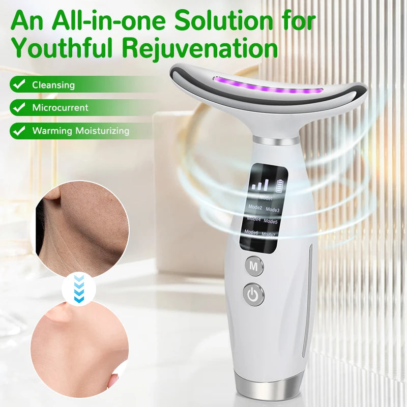 Appareil de Massage LED Visage & Cou – 7 Couleurs, Chauffant, Rechargeable USB | Anti-Âge & Raffermissant