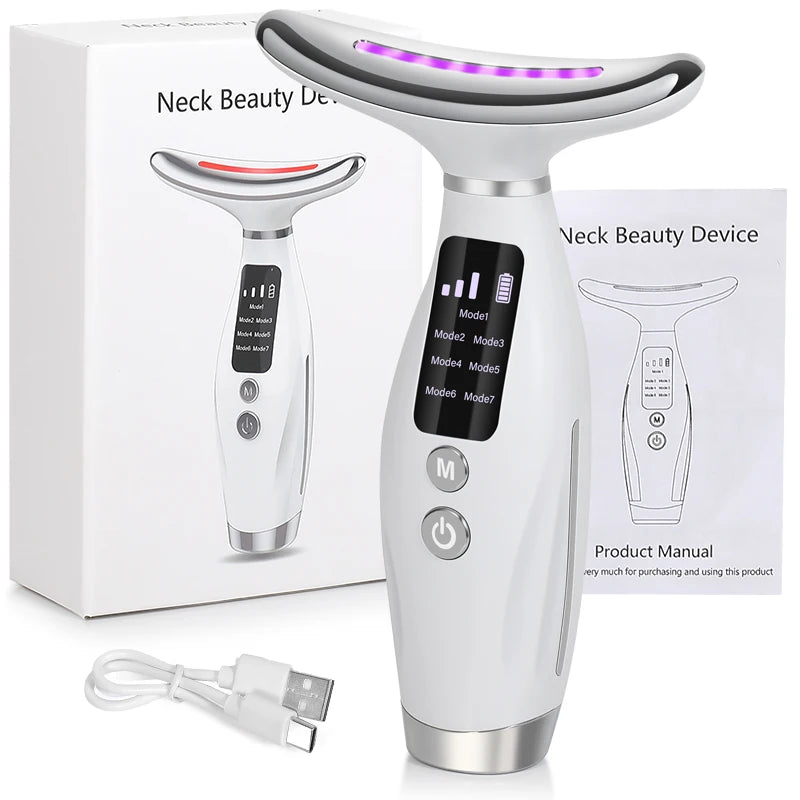 Appareil de Massage LED Visage & Cou – 7 Couleurs, Chauffant, Rechargeable USB | Anti-Âge & Raffermissant